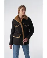 Furniq Uk Women's Sheepskin Western Trucker Coat, Washed Brown with Ginger Wool