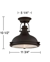 Possini Euro Design Verndale Industrial Close To Ceiling Light Semi-Flush Mount Fixture Bronze Dome 11 3/4" Wide Clear Ribbed Glass for House Bedroom