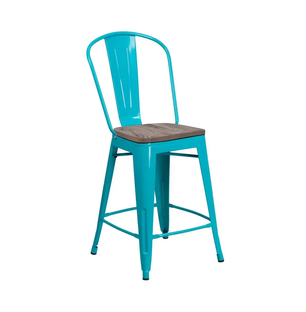 Sarah 24" Metal Indoor-Outdoor Counter Stool With Vertical Slat Back, Integrated Footrest And Wood Seat