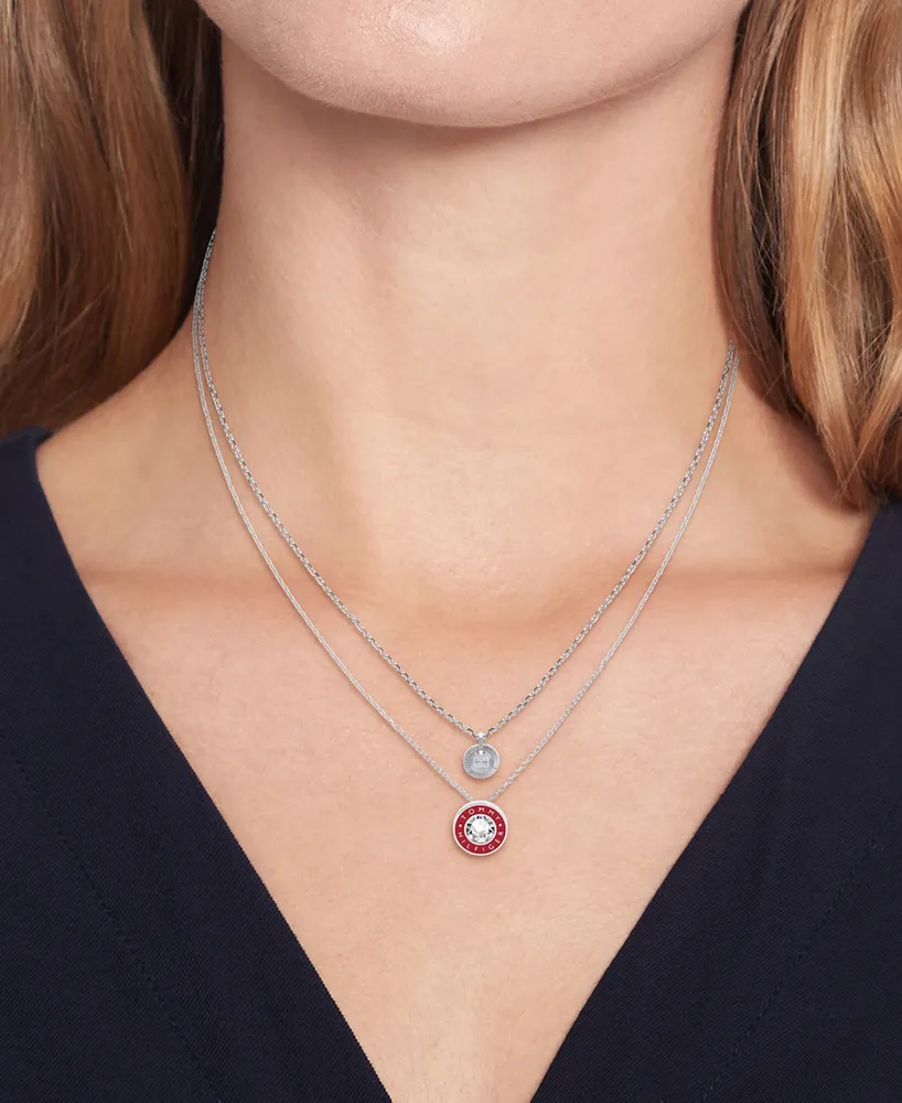 Tommy Hilfiger Stainless Steel Red Enamel & Stone Two-Row Pendant Necklace, 18" + 2" extender