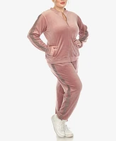 White Mark Plus Faux Leather Stripe Velour 2 Piece Tracksuit Set