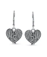 Puff Heart Shaped Guardian Angel Wings Feather Lever back Dangle Earrings For Women Oxidized .925 Sterling Silver