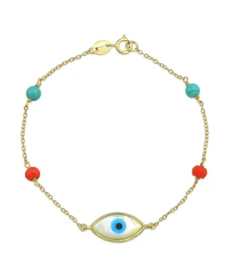 Protection Good Luck Amulet Turkish Spiritual Evil Eye Bracelet For Women Teen Yellow 14K Gold Plated .925 Sterling Silver Adjustable 7 Inch