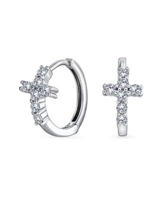 Bling Jewelry Spiritual Small Religious Kpop Cz Cross Huggie Small Hoop Earrings Pave Cubic Zirconia Sterling Silver