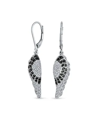 Two Tone Spiritual Guardian Angel Wing Feather Cubic Zirconia Black White Cz Lever back Earrings For Women