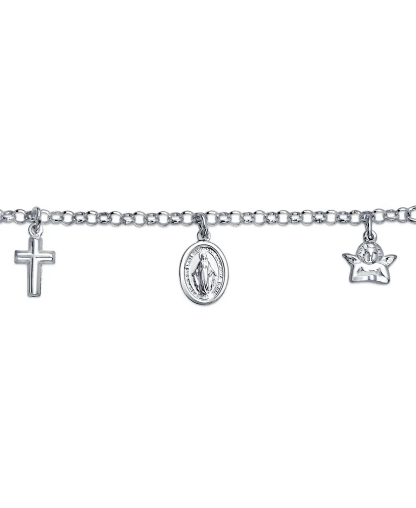 Protection Religious Medal Multi Virgin Mary Cross Angels Dangle Charm Bracelet For Women For Teen .925 Sterling Silver