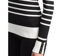 Bcx Juniors' Striped Ribbed Button-Cuff Sweater