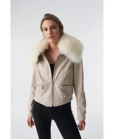 Furniq Uk Women's Detachable Natural Shearling Collar Jacket, Jumbo Pattern Beige