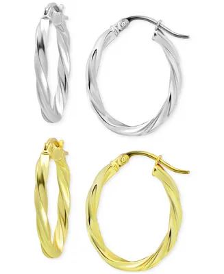 2-Pc. Set Twisted Small Oval Hoop Earrings in Sterling Silver & 18k Gold