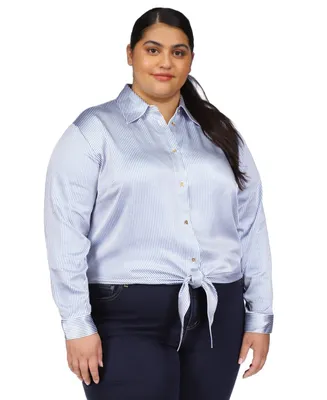 Michael Kors Plus Pinstriped Tie-Front Shirt