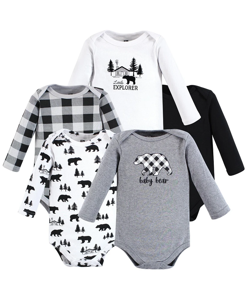 Hudson Baby Boys Cotton Long-Sleeve Bodysuits Bear Gray Black 5-Pack, 9-12 Months