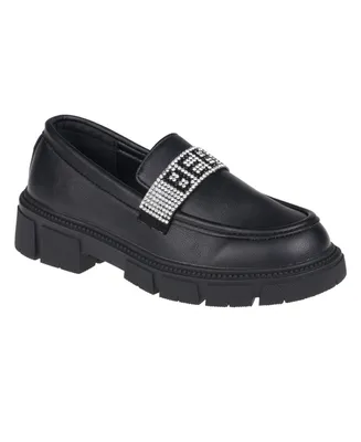 bebe Little Girls Round Toe Slip-On Chunky Loafers with Rivet and Rhinestones