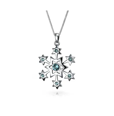 Frozen Winter Holiday Party Simulated Ice Blue Topaz Christmas Snowflake Star Pendant Necklace For Women For Teen .925 Sterling Silver