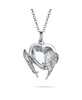 Bling Jewelry Dome Small Dome Protection Guardian Angel Wing Feathered Heart Shaped Keepsake Locket Holds Photos Pictures .925 Silver Necklace Pendant