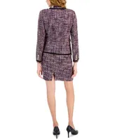 Tahari Asl Womens Velvet Trim Double Breasted Tweed Blazer Short Sleeve Mock Neck Top Boucle Pencil Skirt