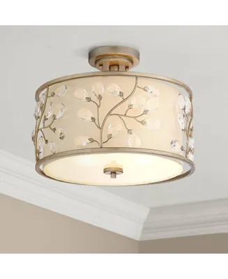 Barnes and Ivy Crystal Buds Close To Ceiling Light Semi Flush Mount Fixture 16" Wide Antique Silver Beige Fabric Drum Shade for Bedroom Hallway Living