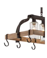 Franklin Iron Works Eldrige Bronze Wood Finish Pot Rack Linear Pendant Chandelier Lighting 36 1/2" Wide Rustic Farmhouse Clear Seed Glass 4