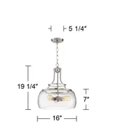 Franklin Iron Works Charleston Satin Nickel Pendant Chandelier 16" Wide Rustic Farmhouse Seeded Clear Glass Led 3