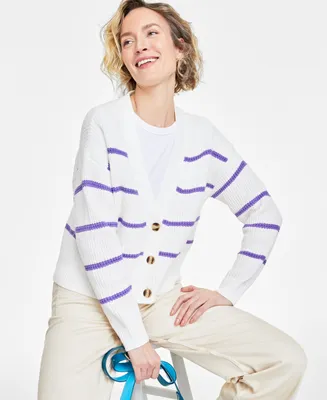On 34th Women's Striped Patch-Pocket V-Neck Cardigan, Created for Macy's