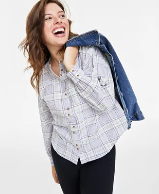 On 34th Women's Plaid Pleated-Sleeve Shirt, Created for Macy's