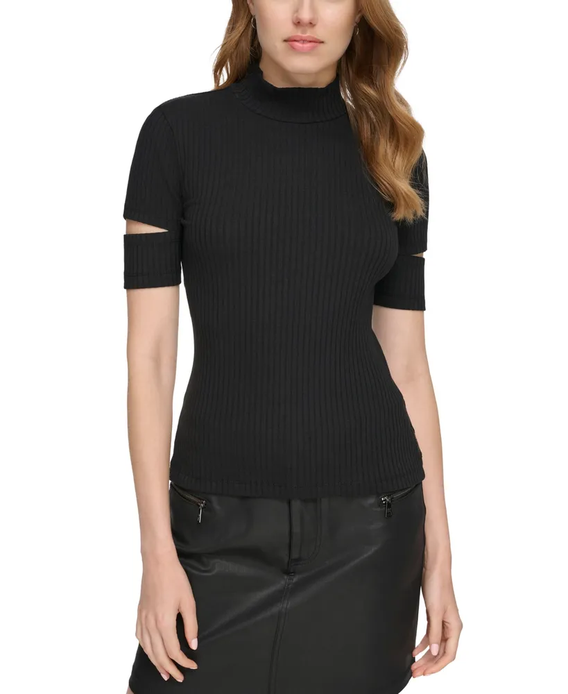 Dkny Jeans Women's Slit-Sleeve Ribbed Mock-Neck Top