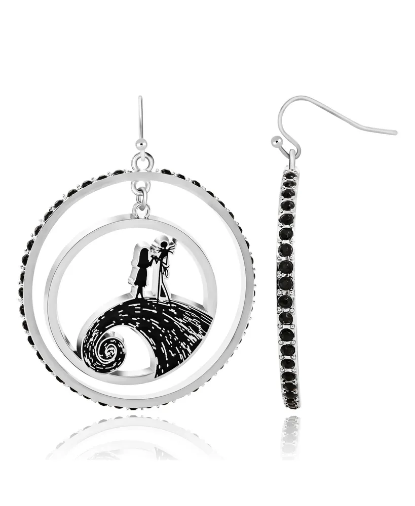 Disney Womens The Nightmare Before Christmas Jack and Sally Double Circle Drop Hoop Earrings with Black Crystals