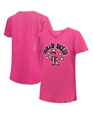 Big Girls New Era Pink Colorado Rockies Jersey Stars V-Neck T-shirt