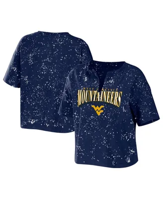 Women's Wear by Erin Andrews Navy West Virginia Mountaineers Bleach Wash Splatter Cropped Notch Neck T-shirt