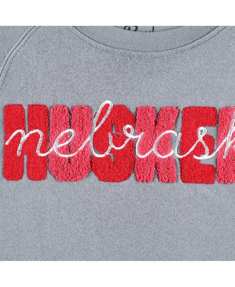 Women's Pressbox Gray Nebraska Huskers Pinehurst Chenille Raglan Pullover Sweatshirt