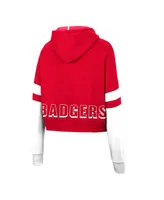 Women's Colosseum Heather Red Wisconsin Badgers Throwback Stripe Arch Logo Cropped Pullover Hoodie