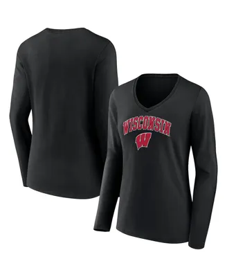 Women's Fanatics Black Wisconsin Badgers Evergreen Campus Long Sleeve V-Neck T-shirt