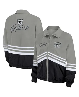 Women's Wear by Erin Andrews Silver Distressed Las Vegas Raiders Vintage-Like Throwback Windbreaker Full-Zip Jacket