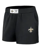 Women's Wear by Erin Andrews Black Distressed New Orleans Saints Waffle Knit Long Sleeve T-shirt and Shorts Lounge Set