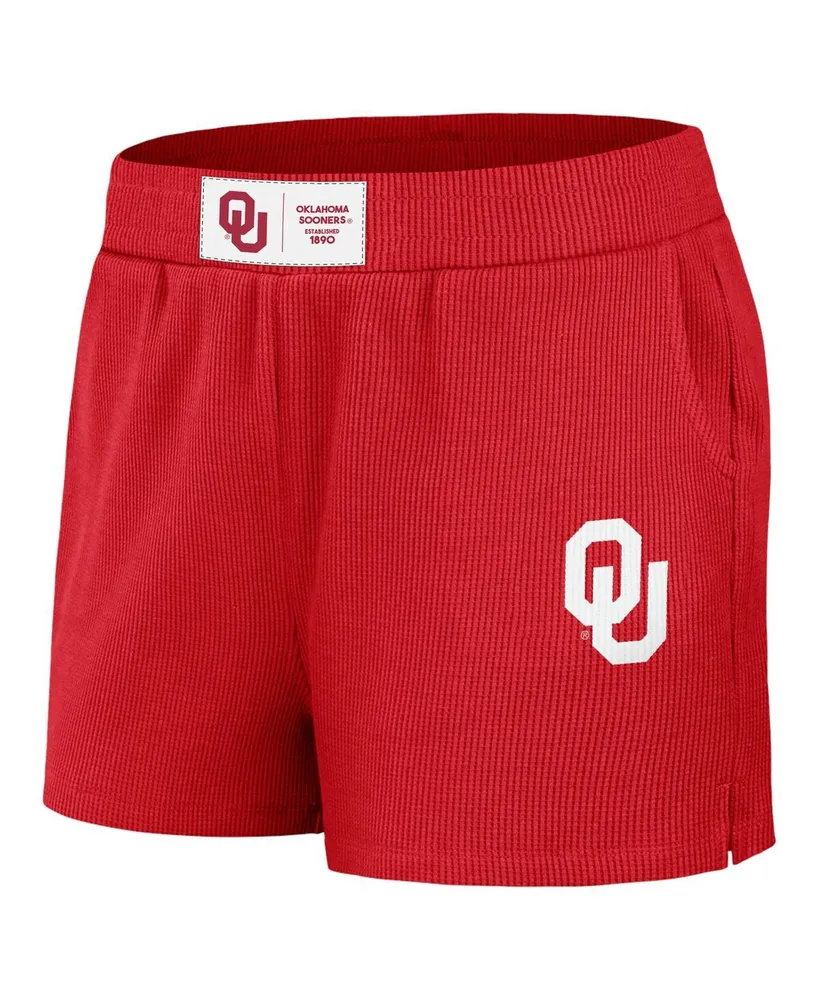 Women's Wear by Erin Andrews Crimson Distressed Oklahoma Sooners Waffle Knit Long Sleeve T-shirt and Shorts Lounge Set