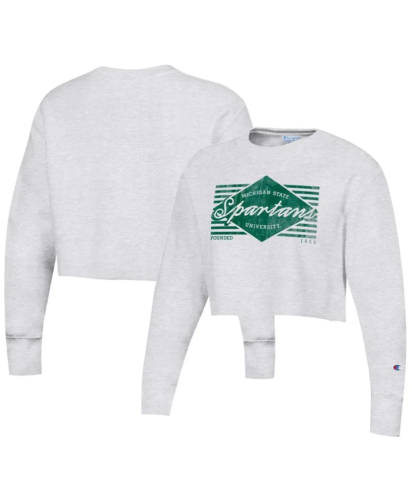 Women's Champion Heather Gray Distressed Michigan State Spartans Reverse Weave Cropped Pullover Sweatshirt