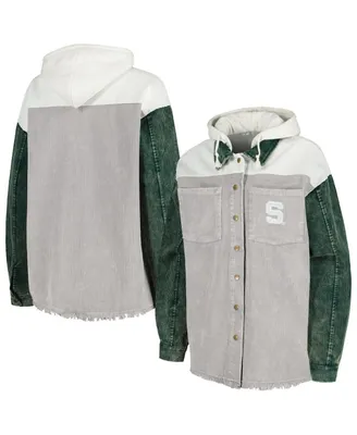 Women's Gameday Couture Gray Distressed Michigan State Spartans Vintage-Like Wash Corduroy Full-Snap Hooded Shacket