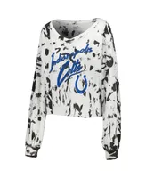 Women's Majestic Threads Jonathan Taylor White Distressed Indianapolis Colts Off-Shoulder Tie-Dye Name and Number Cropped Long Sleeve V-Neck T-shirt