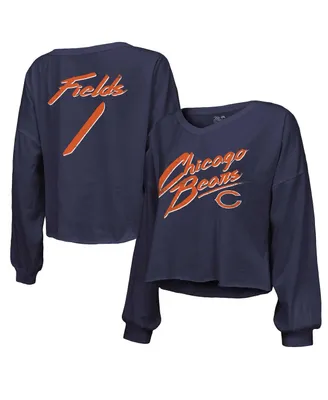 Women's Majestic Threads Justin Fields Navy Distressed Chicago Bears Name and Number Off-Shoulder Script Cropped Long Sleeve V-Neck T-shirt