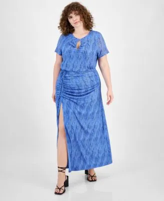 Bar Iii Plus Size Printed Keyhole Mesh Top Ruched Slit Front Mesh Maxi Skirt Created For Macys