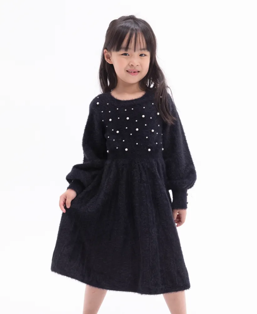 Rare Editions Little Girls Long Sleeve Immitation-Pearl Embellished Sweater  Dress