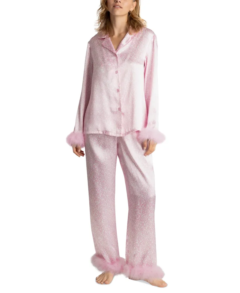 Satin Feather Crop Cami And Pants Pajama Set