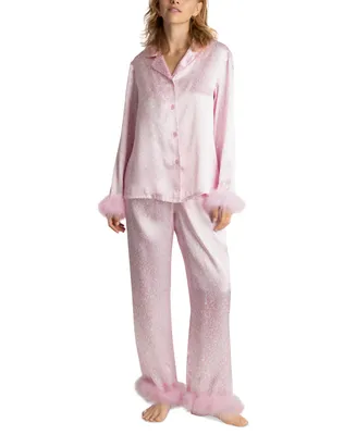 Linea Donatella Women's Marabou Feather Satin Pajama Set