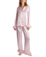 Linea Donatella Women's Marabou Feather Satin Pajama Set