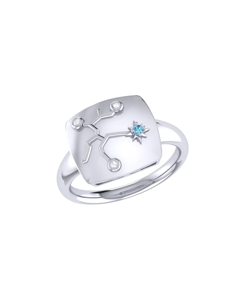 LuvMyJewelry Sagittarius Archer Design Sterling Silver Blue Topaz Stone Diamond Signet Ring