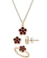 3-Pc. Set Garnet Flower Pendant Necklace, Matching Ring & Stud Earrings (1-1/2 ct. t.w.) in 14k Gold-Plated Sterling Silver