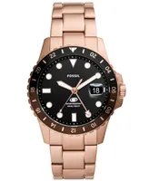 Fossil Men's Blue Gmt Rose Gold-Tone Stainless Steel Watch 42mm