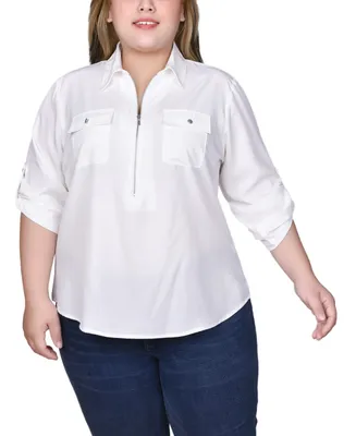 Ny Collection Plus Size 3/4 Roll Tab Sleeve Zip Front Top