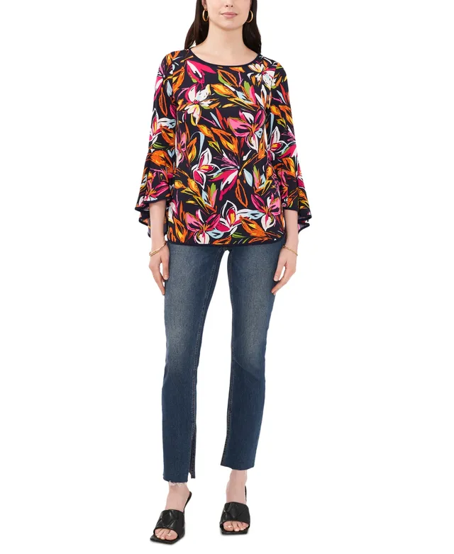 Sam & Jess Petite Floral-Print Bell-Sleeve Piped Top