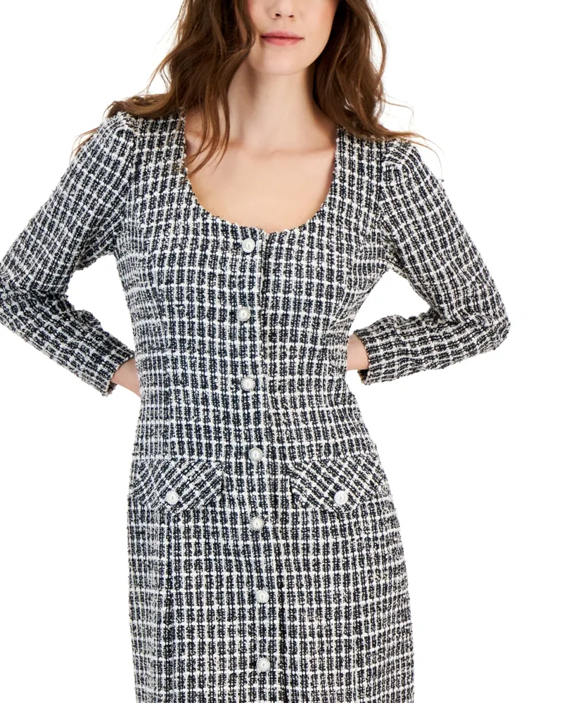 Taylor Women's Tweed Boucle-Knit Button-Front Dress