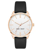 Nine West Women's Quartz Black Faux Leather Band Watch, 36mm - Black